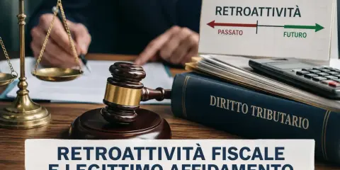 Bilancia della giustizia, martelletto, libro di Diritto Tributario e un calendario che illustra il **retroattiva significato** di passato e futuro.
