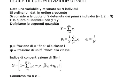 La formula dell'indice di Gini, che misura la disuguaglianza, è presentata con le sue definizioni e variabili.