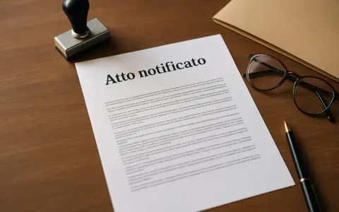 Un timbro, occhiali e una penna giacciono accanto a un documento intitolato "Atto notificato", pronto per essere firmato.