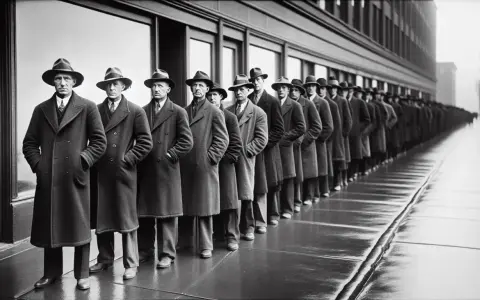 Uomini in fila, con cappelli e cappotti, in attesa di un nuovo accordo. Il loro sguardo è serio, riflette la speranza di un futuro migliore.