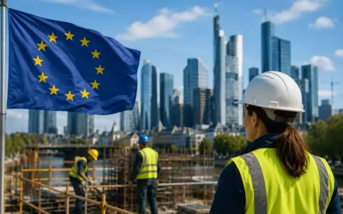 Costruzione di un futuro europeo: operai al lavoro sotto la bandiera UE, mentre la disoccupazione strutturale sfida la ripresa.
