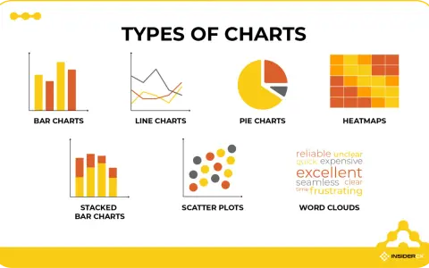 Diversi tipi di grafici: a barre, a linee, a torta, a dispersione, a blocchi e word clouds.