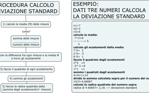 La deviazione standard misura la dispersione dei dati attorno alla media. Questo schema illustra come calcolarla passo dopo passo.