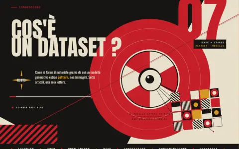 Il dataset è il materiale grezzo da cui un modello estrae pattern. Grafica stilizzata con testo "Cos'è un dataset?".