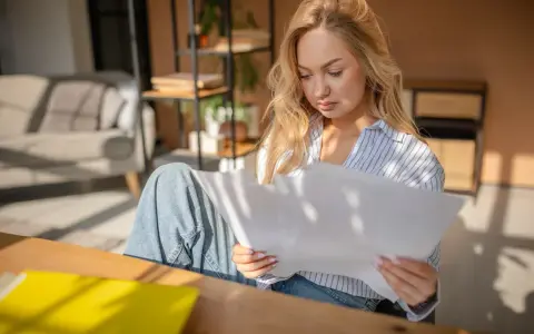 Donna bionda studia documenti, cercando di capire gli oneri accessori. Luce solare filtra attraverso le persiane.