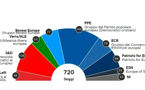Grafico a ventaglio mostra la composizione del Parlamento Europeo. Il gruppo del Partito Popolare Europeo (PPE) è il più grande con 188 seggi.