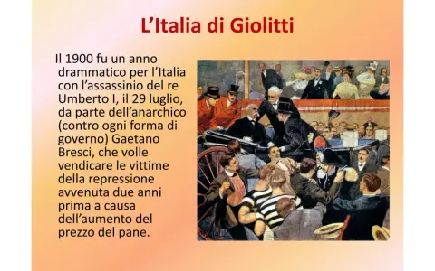 L'Italia di Giolitti: un'illustrazione storica mostra un evento drammatico del 1900, l'assassinio del re Umberto I, che segnò un periodo di tensioni sociali.