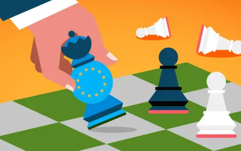 Una mano tiene un pedone degli scacchi con il simbolo dell'UE, mentre altri pedoni cadono. Rappresenta il concetto di autarchia significato.