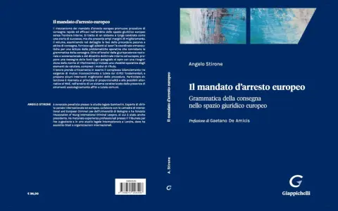 Copertina libro "Il mandato d'arresto europeo" di Angelo Stirone, con testo e immagine astratta.