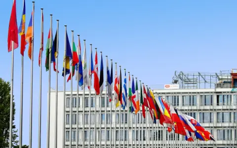 Molte bandiere di stati europei sventolano davanti a un edificio moderno, simbolo di cooperazione e politica internazionale.