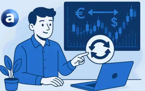 Uomo indica simbolo di scambio con frecce, spiegando cos'è un interest rate swap. Grafico finanziario con euro e dollaro sullo sfondo.