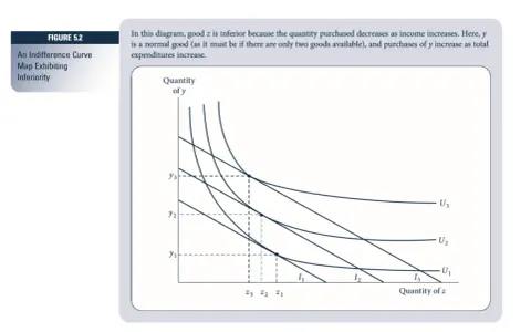 Grafico con curve di indifferenza che mostrano un bene z inferiore e un bene y normale.