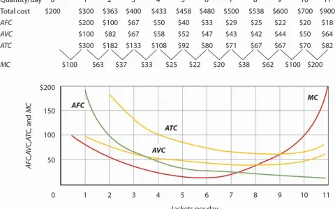 Grafico che illustra la funzione di costo con curve AFC, AVC, ATC e MC.