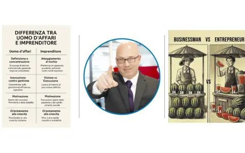 Confronto tra uomo d'affari e imprenditore: uno mostra un uomo d'affari che vende angurie, l'altro un imprenditore che le trasforma in succo, mostrando il vero imprenditore significato.