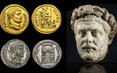 Monete d'oro e d'argento con ritratto di Diocleziano e busto in marmo. L'editto di Diocleziano, un'importante testimonianza storica.
