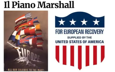 Il Piano Marshall: un veliero con bandiere europee simboleggia la ripresa. Le conseguenze positive del piano sono evidenti.