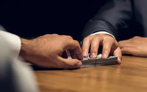Mani che si scambiano denaro su un tavolo. Un uomo in giacca e cravatta porge una mazzetta di banconote, l'altro le afferra. Il significato di estorsione è chiaro.