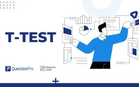Illustrazione di un uomo che analizza dati e grafici, con il testo "T-TEST" in evidenza. La formula del t-test è implicita nell'analisi.