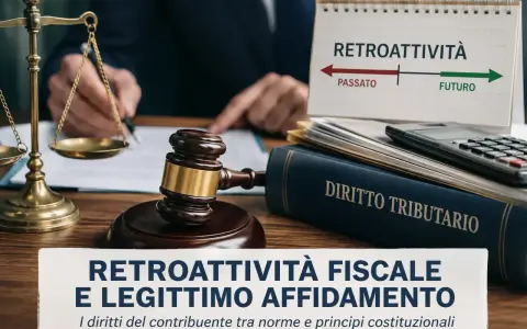 Bilancia della giustizia, martelletto, libro di Diritto Tributario e un calendario che illustra il **retroattiva significato** di passato e futuro.