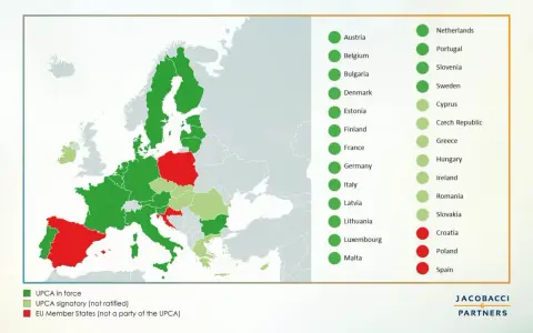 Mappa dell'Europa che mostra l'adesione all'UPCA, un sistema di brevetti unificato, con stati in verde (in vigore), verde chiaro (firmatari) e rosso (non parte). Il **European Patent Office** è centrale in questo sistema.