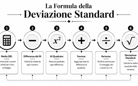 Schema illustra i 6 passaggi per calcolare la deviazione standard: media, differenze, al quadrato, somma, varianza e radice quadrata.