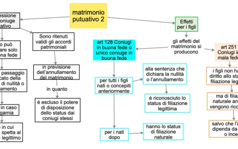 Diagramma sul matrimonio putativo: il suo significato e gli effetti sui figli, con distinzioni per buona fede e mala fede.