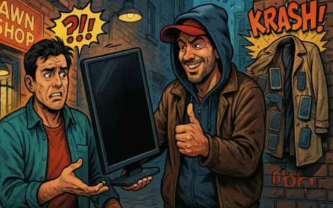 Un uomo con espressione preoccupata riceve un monitor da un venditore sorridente. Un incauto acquisto, con un cappotto pieno di telefoni appeso sullo sfondo.