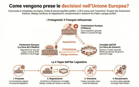 Schema del processo decisionale UE: Commissione, Parlamento e Consiglio negoziano per trovare un accordo. Segue votazione e recepimento.