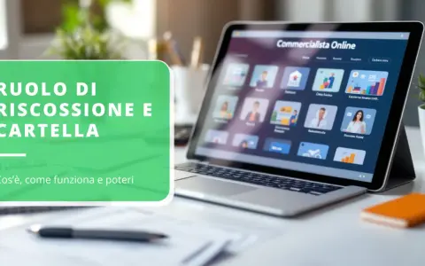 Schermo di un laptop con interfaccia "Commercialista Online" e testo sovrapposto "Ruolo di riscossione e cartella: cos'è, come funziona e poteri".
