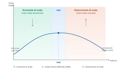 Grafico mostra costo medio decrescente (economie di scala) e poi crescente (diseconomie di scala) con l'aumentare del volume, evidenziando la scala minima efficiente (SME).