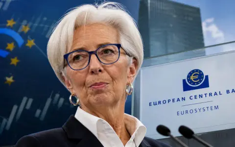 Christine Lagarde, presidente della banca europea, con il logo della BCE sullo sfondo.