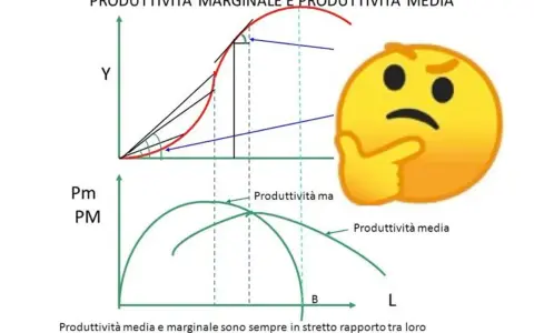 Grafici illustrano la legge dei rendimenti decrescenti, con produttività marginale e media in relazione. Un emoji pensieroso riflette sulla complessità.