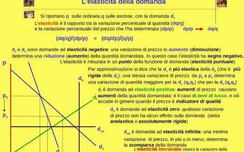 Grafico mostra curve di domanda con diverse pendenze, illustrando l'elasticità della domanda. Una curva più piatta indica maggiore elasticità.