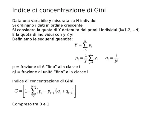 La formula dell'indice di Gini, che misura la disuguaglianza, è presentata con le sue definizioni e variabili.