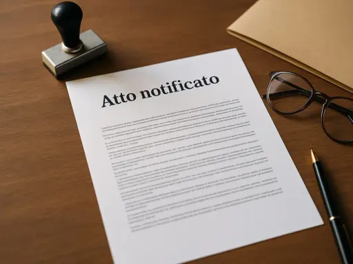 Un timbro, occhiali e una penna giacciono accanto a un documento intitolato "Atto notificato", pronto per essere firmato.