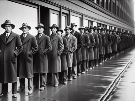 Uomini in fila, con cappelli e cappotti, in attesa di un nuovo accordo. Il loro sguardo è serio, riflette la speranza di un futuro migliore.