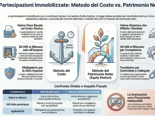 Confronto tra Metodo del Costo e Patrimonio Netto per le partecipazioni immobilizzate, con focus su come le imprese pubbliche gestiscono questi investimenti.