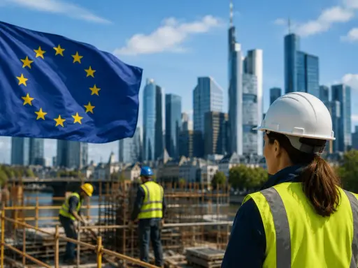 Costruzione di un futuro europeo: operai al lavoro sotto la bandiera UE, mentre la disoccupazione strutturale sfida la ripresa.