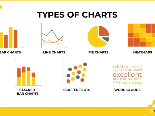 Diversi tipi di grafici: a barre, a linee, a torta, a dispersione, a blocchi e word clouds.