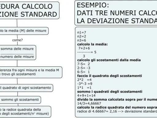 La deviazione standard misura la dispersione dei dati attorno alla media. Questo schema illustra come calcolarla passo dopo passo.