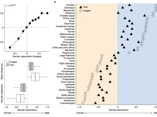 Grafico mostra correlazione di Spearman tra associazione di genere da testo e immagini. Box plot per categorie maschili e femminili.