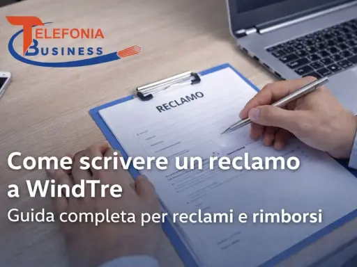 Mano che compila un modulo "RECLAMO" per WindTre. Guida completa per il significato di reclamo e rimborsi.