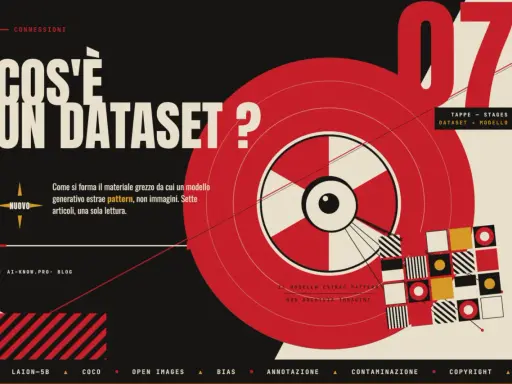Il dataset è il materiale grezzo da cui un modello estrae pattern. Grafica stilizzata con testo "Cos'è un dataset?".