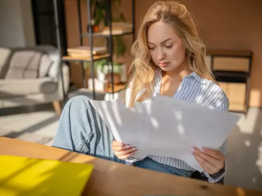 Donna bionda studia documenti, cercando di capire gli oneri accessori. Luce solare filtra attraverso le persiane.