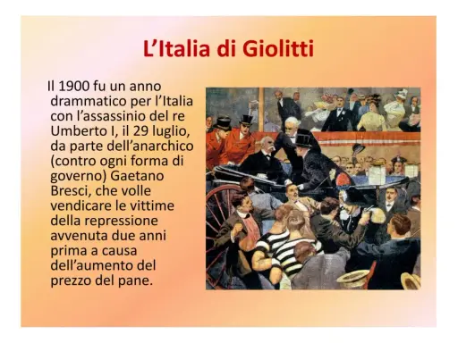 L'Italia di Giolitti: un'illustrazione storica mostra un evento drammatico del 1900, l'assassinio del re Umberto I, che segnò un periodo di tensioni sociali.