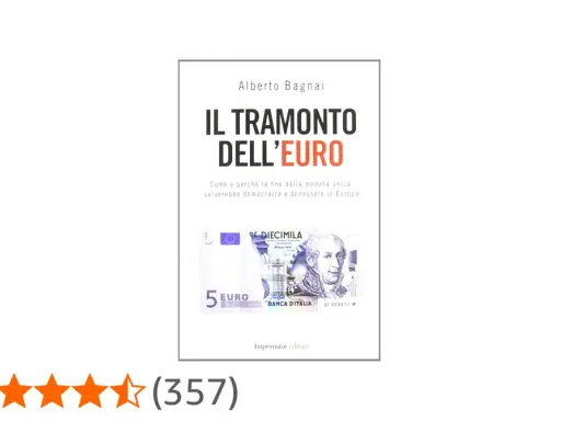 Copertina del libro "Il tramonto dell'euro" di Alberto Bagnai, con un primo piano di una banconota da 5 euro.