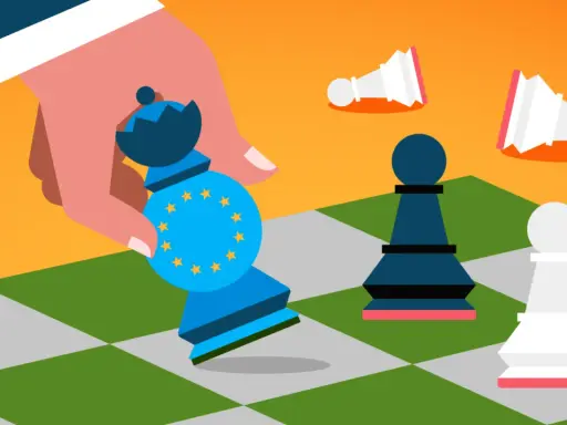 Una mano tiene un pedone degli scacchi con il simbolo dell'UE, mentre altri pedoni cadono. Rappresenta il concetto di autarchia significato.