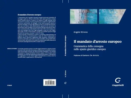 Copertina libro "Il mandato d'arresto europeo" di Angelo Stirone, con testo e immagine astratta.
