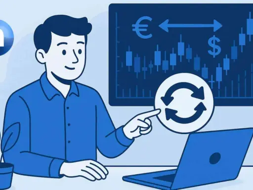 Uomo indica simbolo di scambio con frecce, spiegando cos'è un interest rate swap. Grafico finanziario con euro e dollaro sullo sfondo.