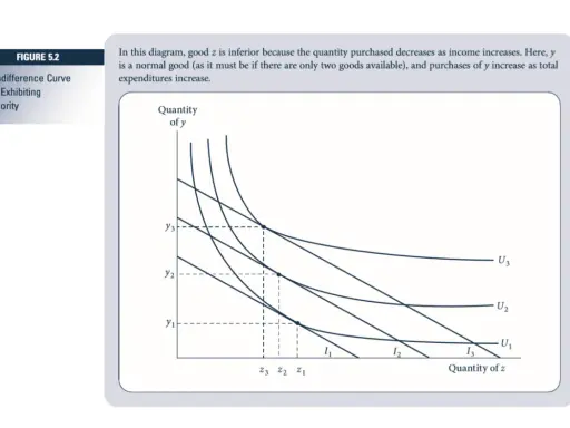 Grafico con curve di indifferenza che mostrano un bene z inferiore e un bene y normale.